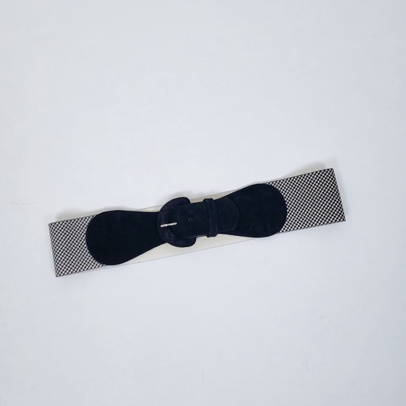 90s Houndstooth Belt Wide Buckle Thick Suede Black White - Picture 5 of 11